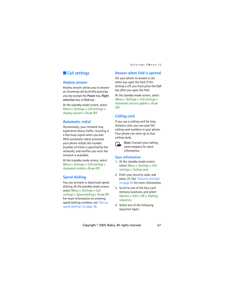 Call settings, Anykey answer, Automatic redial | Speed dialling, Answer when fold is opened, Calling card, Tivate or deactivate, see, Speed | Nokia 6255 User Manual | Page 67 / 105
