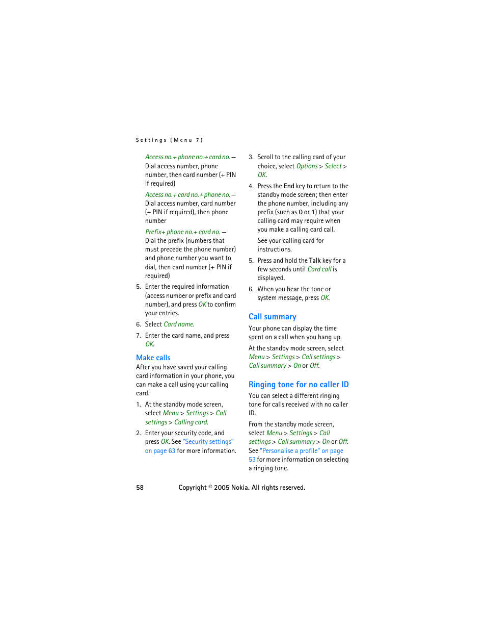 Call summary, Ringing tone for no caller id, Call summary ringing tone for no caller id | Nokia 6255 User Manual | Page 68 / 105