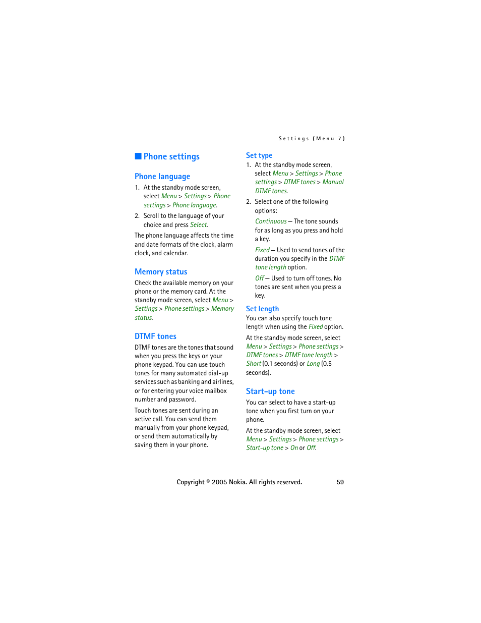 Phone settings, Phone language, Memory status | Dtmf tones, Start-up tone | Nokia 6255 User Manual | Page 69 / 105