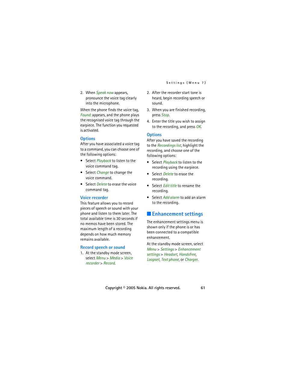 Enhancement settings | Nokia 6255 User Manual | Page 71 / 105