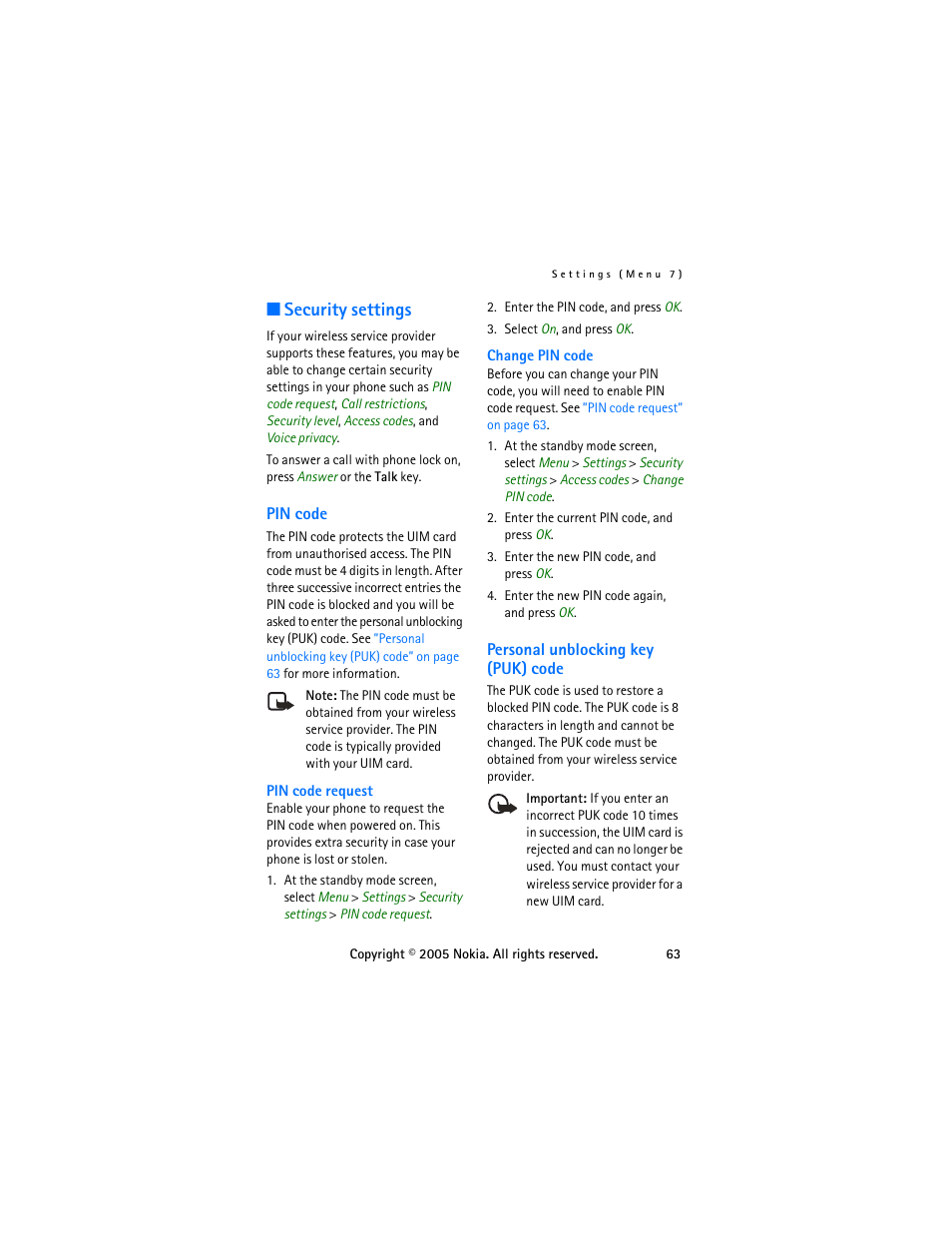 Security settings, Pin code, Personal unblocking key (puk) code | Pin code personal unblocking key (puk) code, Security settings” on | Nokia 6255 User Manual | Page 73 / 105