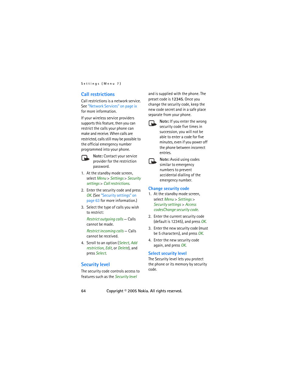 Call restrictions, Security level, Call restrictions security level | Nokia 6255 User Manual | Page 74 / 105
