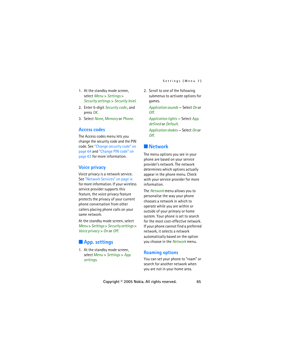 Access codes, Voice privacy, App. settings | Network, Roaming options, Access codes voice privacy, App. settings network, Roaming | Nokia 6255 User Manual | Page 75 / 105