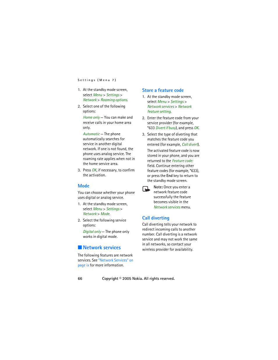 Mode, Network services, Store a feature code | Call diverting, Store a feature code call diverting | Nokia 6255 User Manual | Page 76 / 105