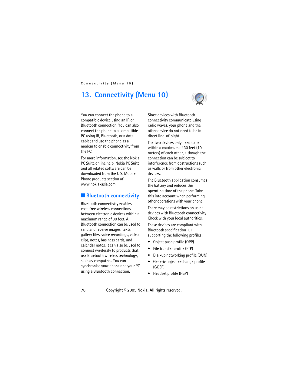 Connectivity (menu 10), Bluetooth connectivity | Nokia 6255 User Manual | Page 86 / 105