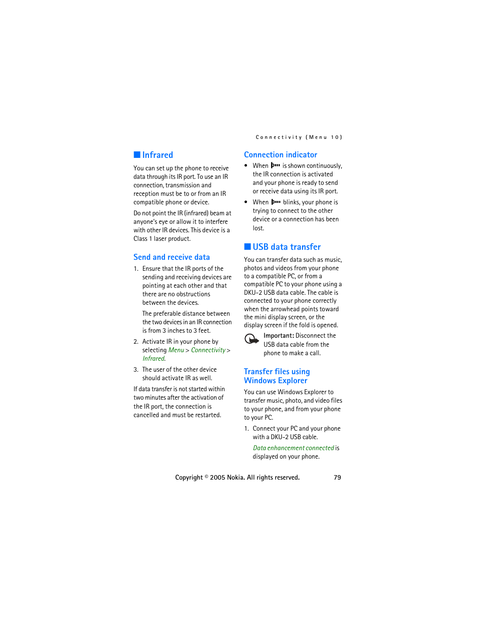 Infrared, Send and receive data, Connection indicator | Usb data transfer, Transfer files using windows explorer, Send and receive data connection indicator, Suite online help. see, Usb data, Transfer files | Nokia 6255 User Manual | Page 89 / 105