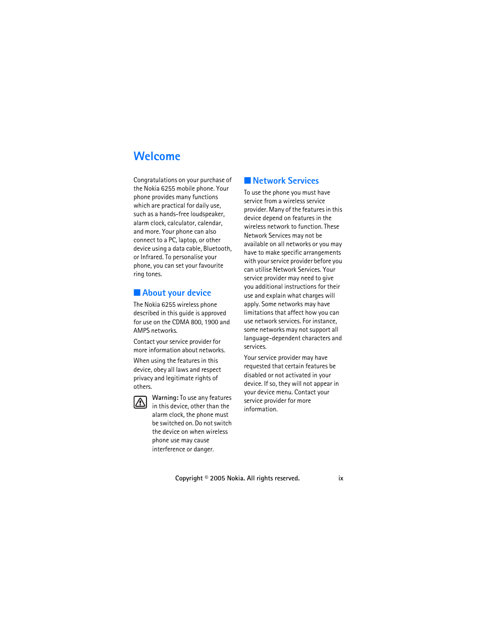 Welcome, About your device, Network services | Welcome....................................... ix | Nokia 6255 User Manual | Page 9 / 105