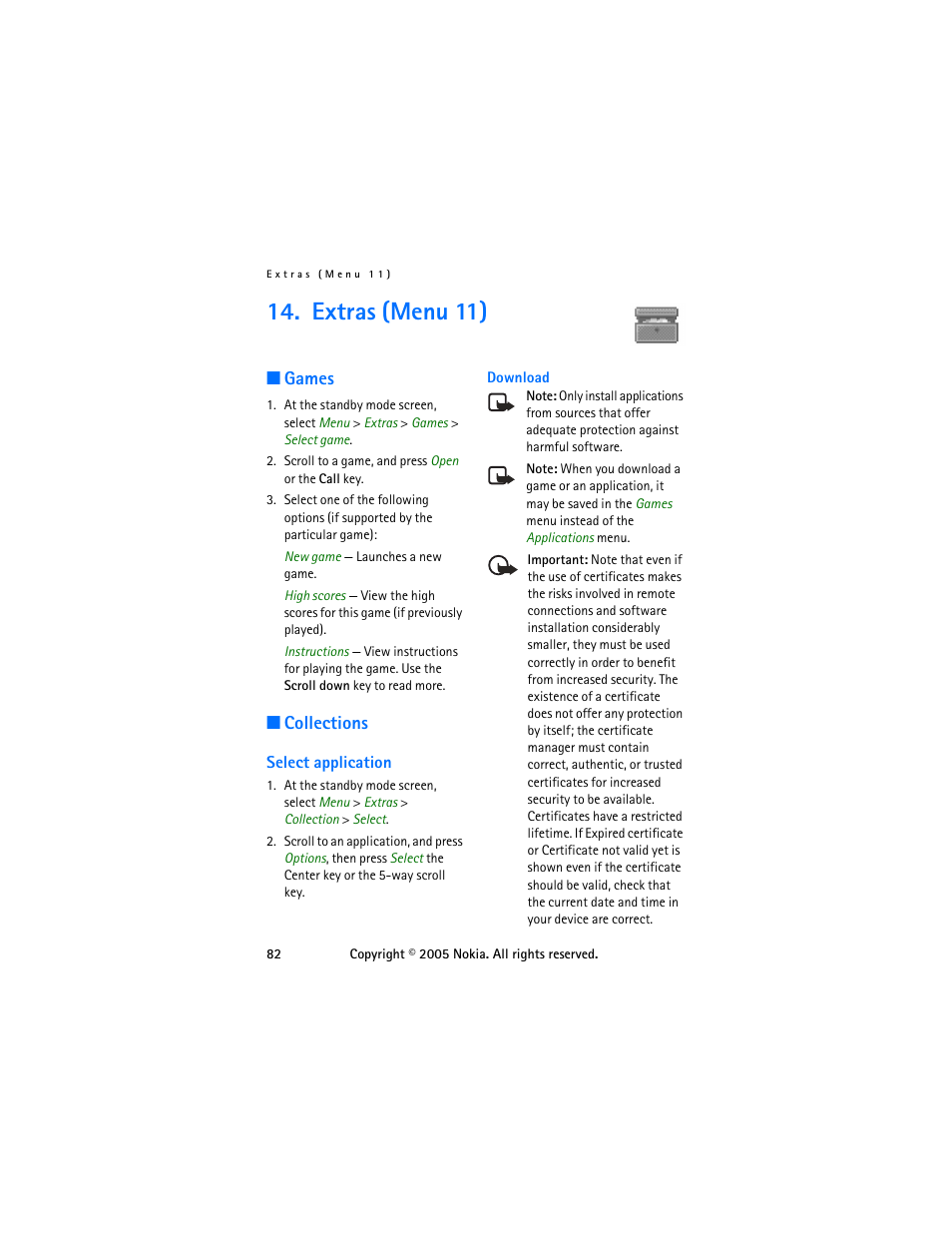 Extras (menu 11), Games, Collections | Select application, Games collections | Nokia 6255 User Manual | Page 92 / 105