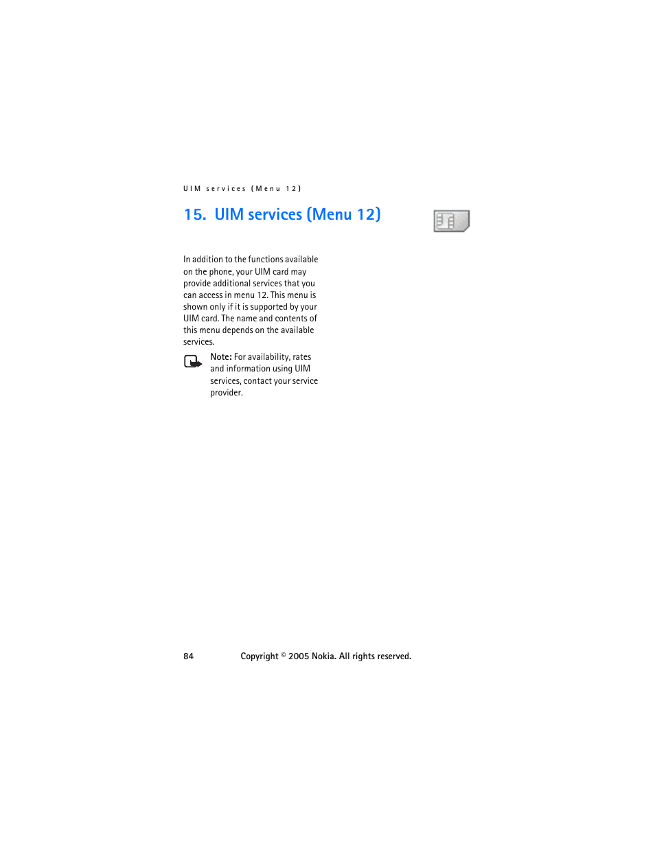 Uim services (menu 12) | Nokia 6255 User Manual | Page 94 / 105