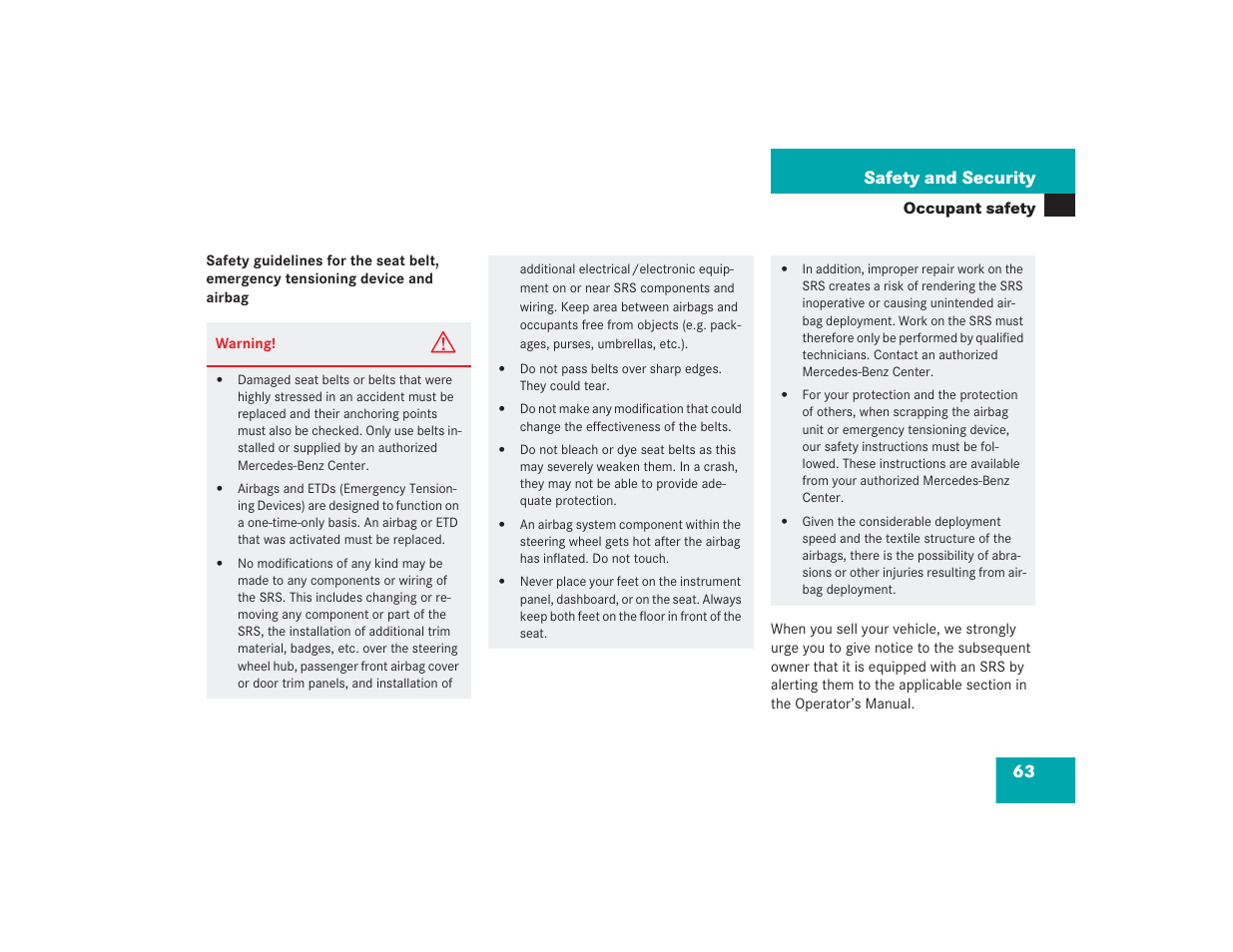 63 safety and security | Mercedes-Benz SL 600 User Manual | Page 64 / 434