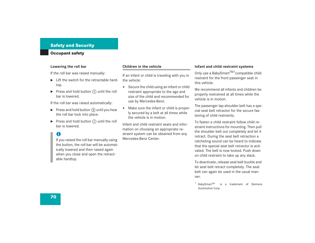 70 safety and security | Mercedes-Benz SL 600 User Manual | Page 71 / 434