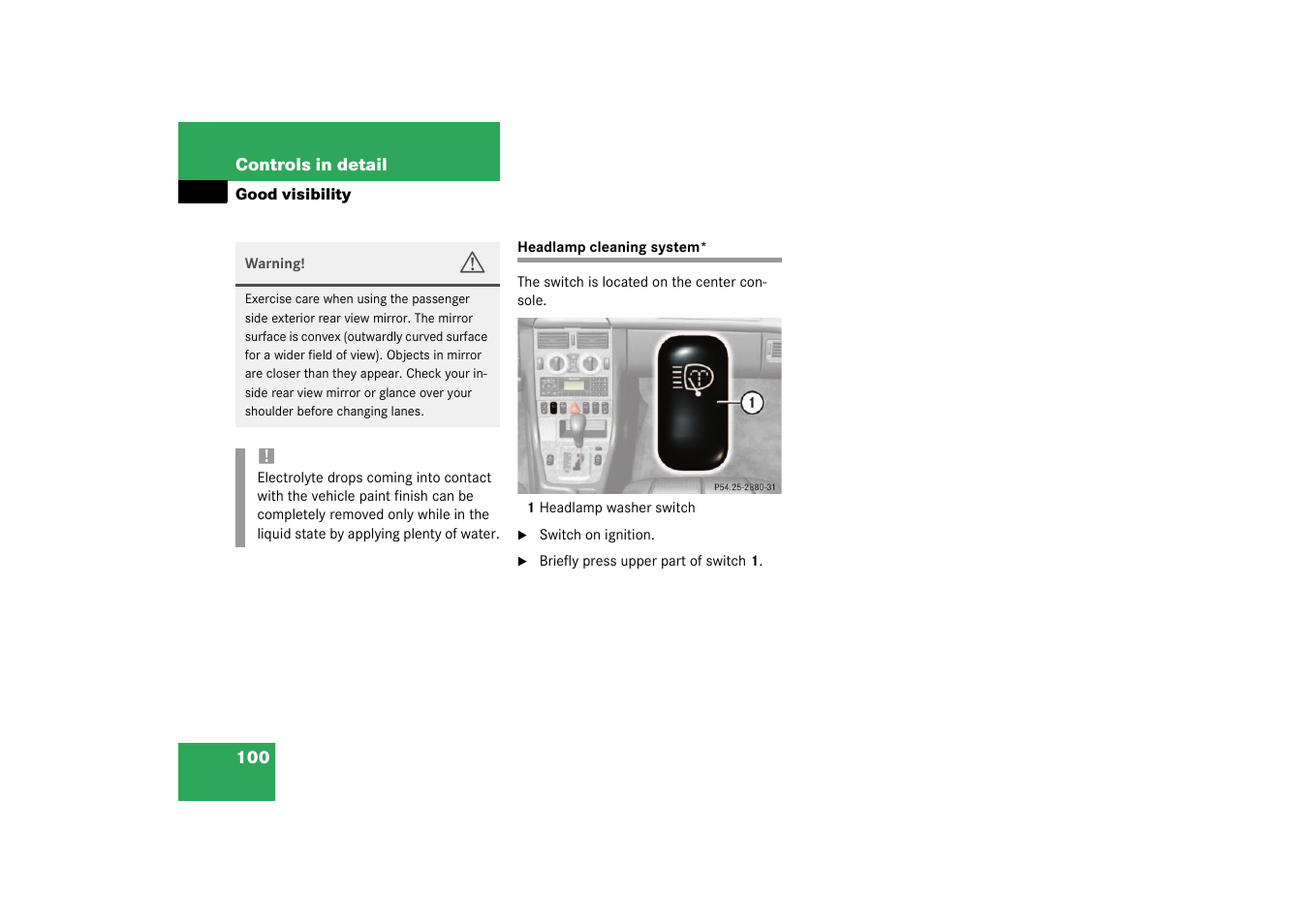 Headlamps:cleaning system*;cleaning*:headlamps, Headlamp cleaning system | Mercedes-Benz 2003 SLK-Class User Manual | Page 100 / 304