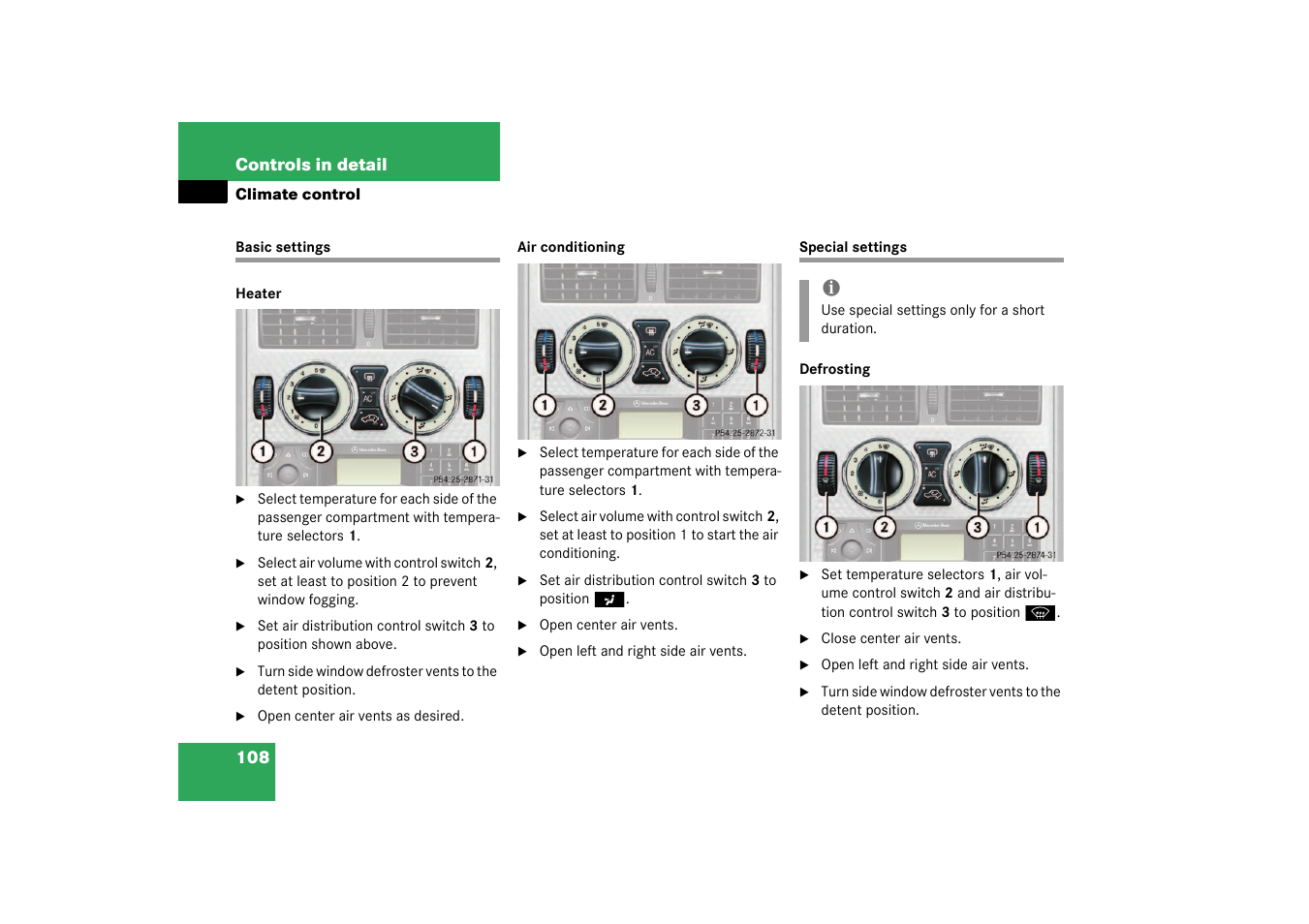 Basic settings heater and air conditioner, Special settings, Basic settings special settings | Mercedes-Benz 2003 SLK-Class User Manual | Page 108 / 304