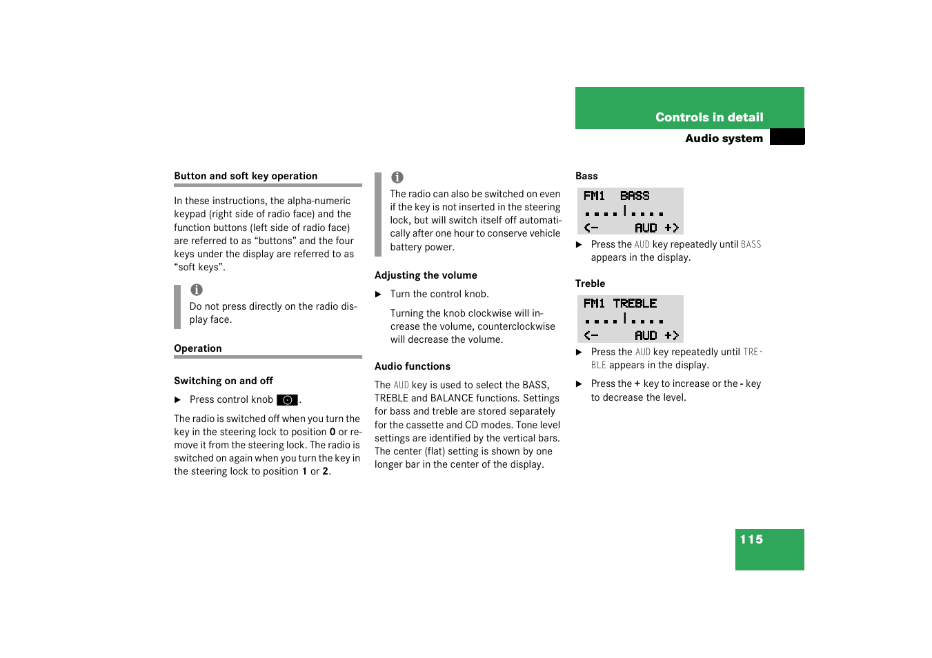 Audio system:operation, Button and soft key operation operation | Mercedes-Benz 2003 SLK-Class User Manual | Page 115 / 304