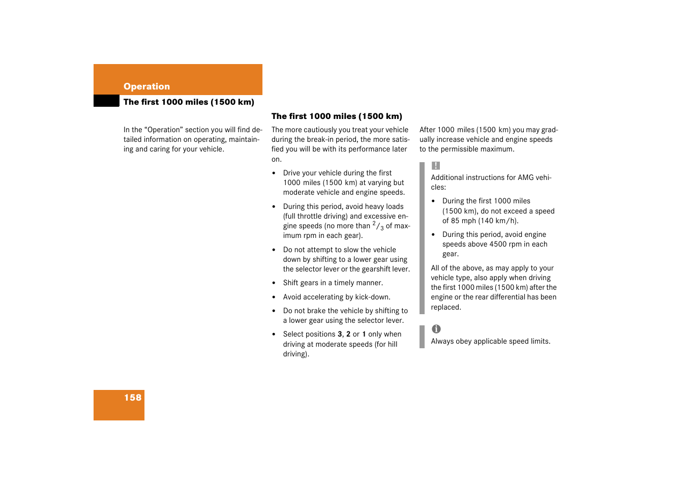 The first 1000 miles (1500 km) | Mercedes-Benz 2003 SLK-Class User Manual | Page 158 / 304