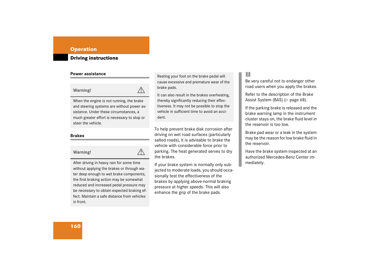Power assistance, Brakes, Power assistance brakes | Mercedes-Benz 2003 SLK-Class User Manual | Page 160 / 304