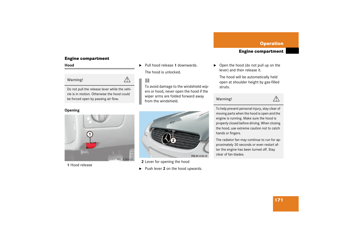 Engine:compartment;engine compartment, Hood;engine compartment:hood;hood:opening, Engine compartment | Hood, G hood | Mercedes-Benz 2003 SLK-Class User Manual | Page 171 / 304
