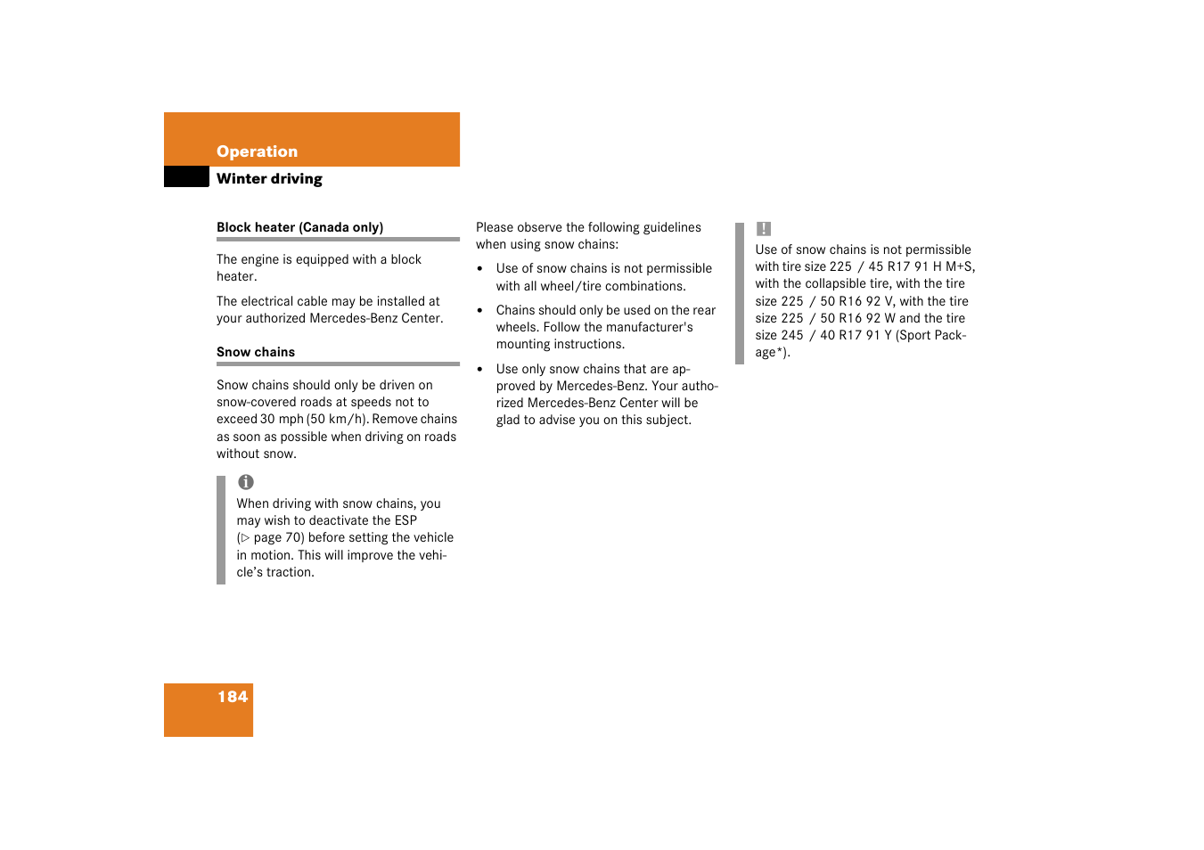 Block heater;winter driving:block heater, Snow chains;winter driving:snow chains, Block heater (canada only) snow chains | Mercedes-Benz 2003 SLK-Class User Manual | Page 184 / 304