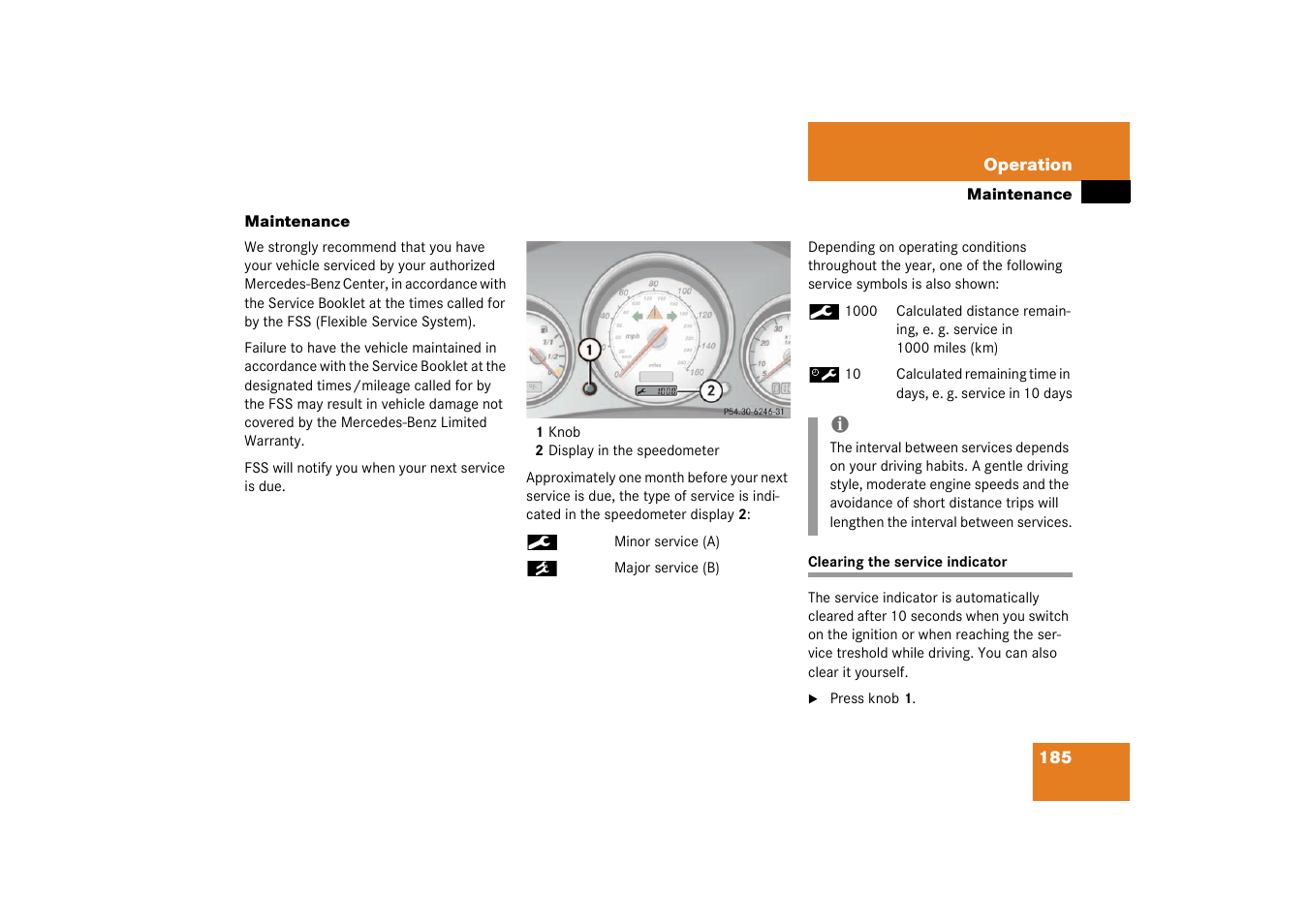 Service (maintenance), Service indicator:clearing, Maintenance | Clearing the service indicator | Mercedes-Benz 2003 SLK-Class User Manual | Page 185 / 304