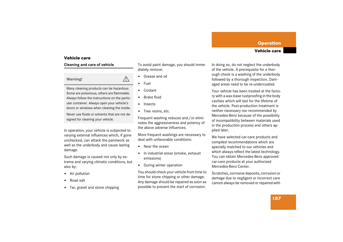Vehicle care, Washing the vehicle, Cleaning and care of vehicle | Mercedes-Benz 2003 SLK-Class User Manual | Page 187 / 304
