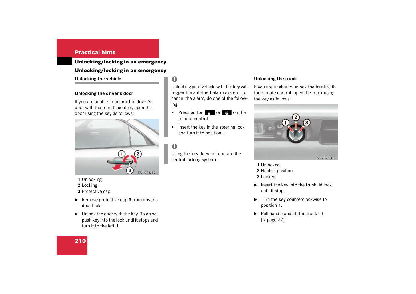 Unlocking driver’s door and trunk, Unlocking/locking in an emergency, Unlocking the vehicle | Mercedes-Benz 2003 SLK-Class User Manual | Page 210 / 304