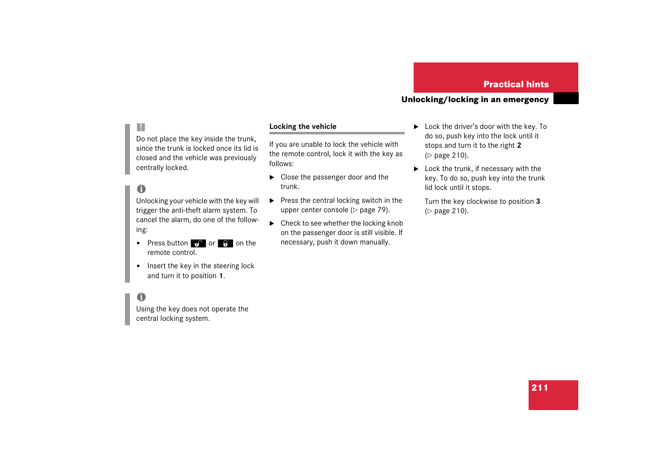 Locking:driver’s door and trunk in an emergency, Locking the vehicle | Mercedes-Benz 2003 SLK-Class User Manual | Page 211 / 304