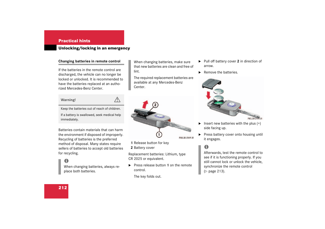 Changing batteries in remote control | Mercedes-Benz 2003 SLK-Class User Manual | Page 212 / 304