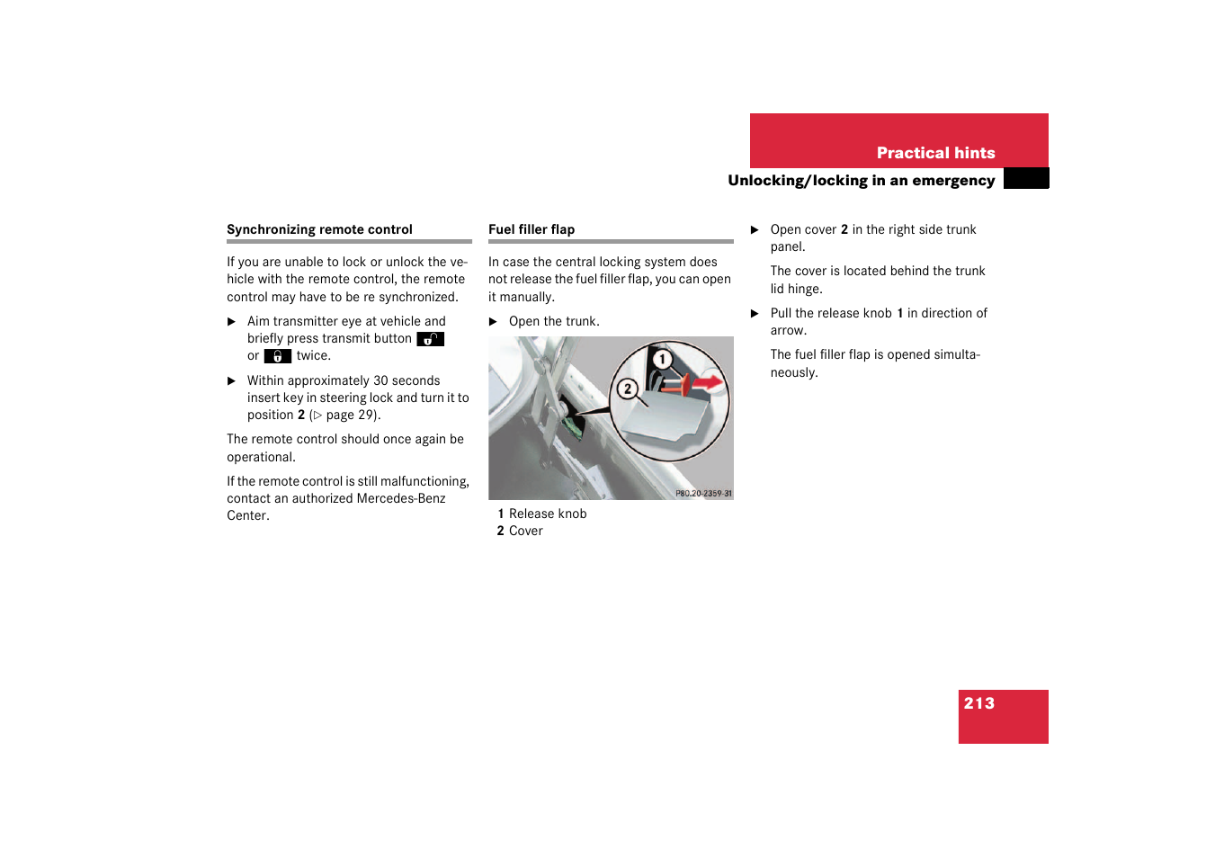 Synchronizing the remote control, Synchronizing remote control fuel filler flap | Mercedes-Benz 2003 SLK-Class User Manual | Page 213 / 304