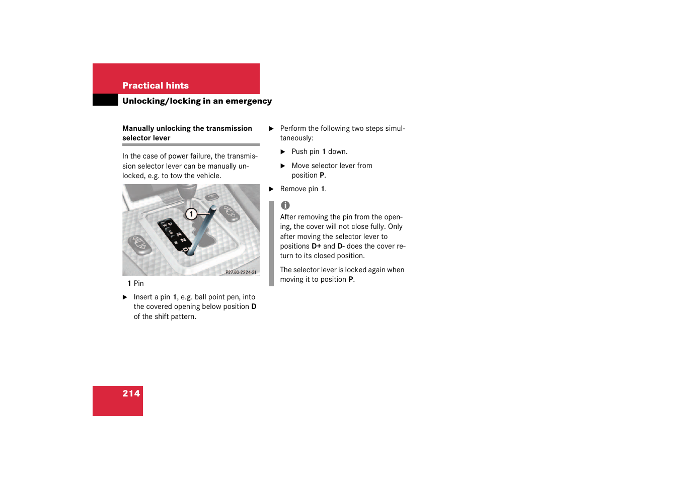 Manually unlocking the transmission selector lever | Mercedes-Benz 2003 SLK-Class User Manual | Page 214 / 304