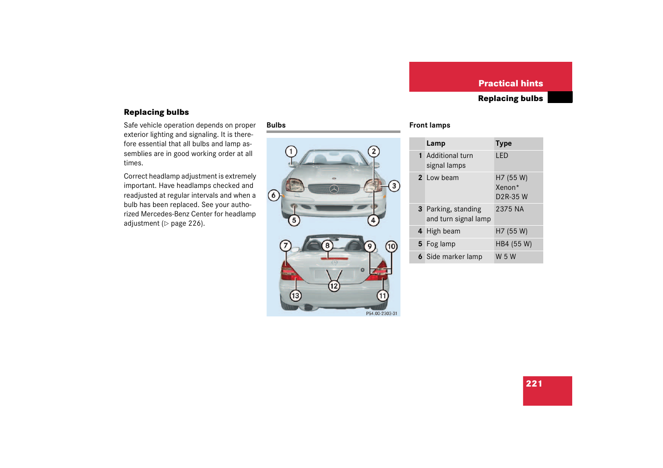 Bulbs, replacing;replacing:bulbs, Bulbs, Replacing bulbs | Mercedes-Benz 2003 SLK-Class User Manual | Page 221 / 304