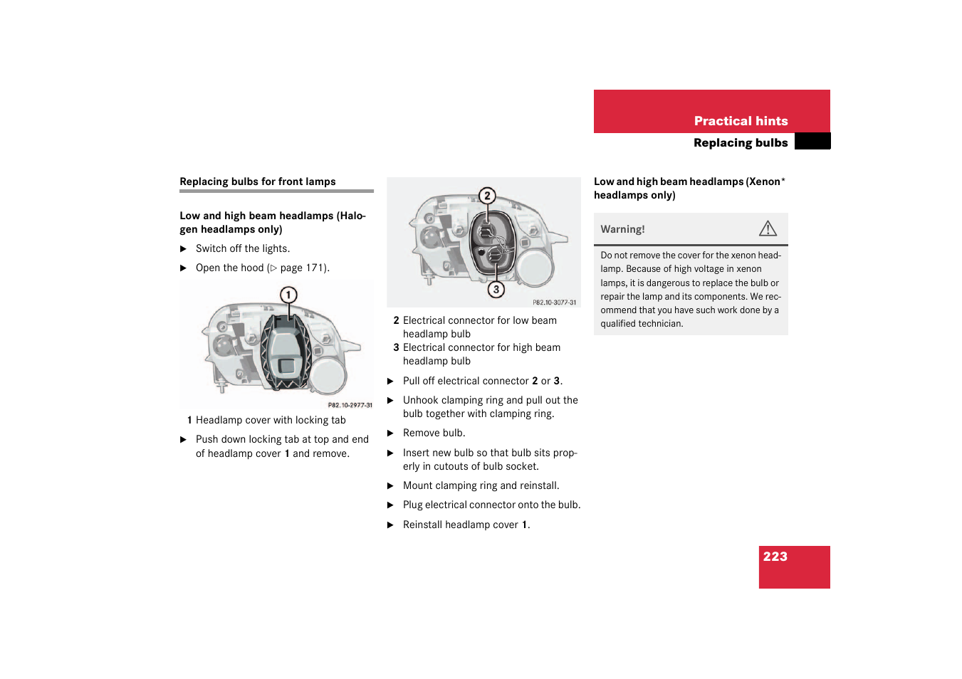 Replacing bulbs for front lamps | Mercedes-Benz 2003 SLK-Class User Manual | Page 223 / 304
