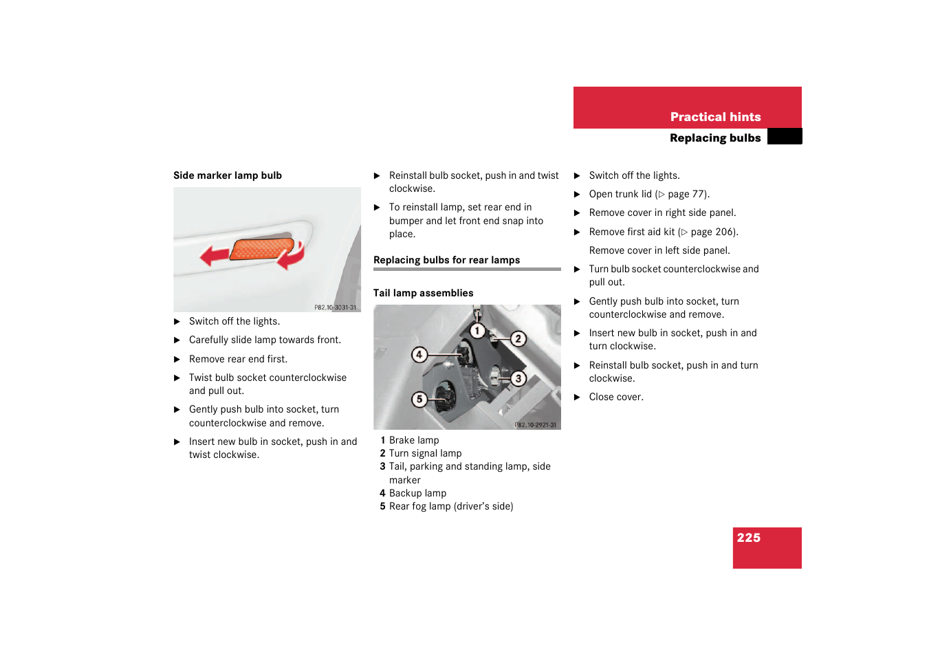 Replacing bulbs for rear lamps | Mercedes-Benz 2003 SLK-Class User Manual | Page 225 / 304