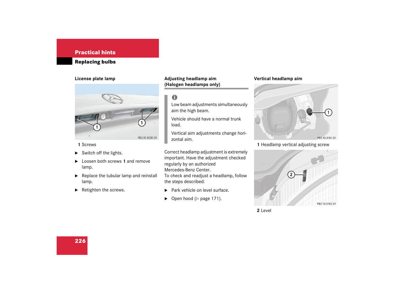 Adjusting headlamp aim, Adjusting headlamp aim (halogen headlamps only) | Mercedes-Benz 2003 SLK-Class User Manual | Page 226 / 304