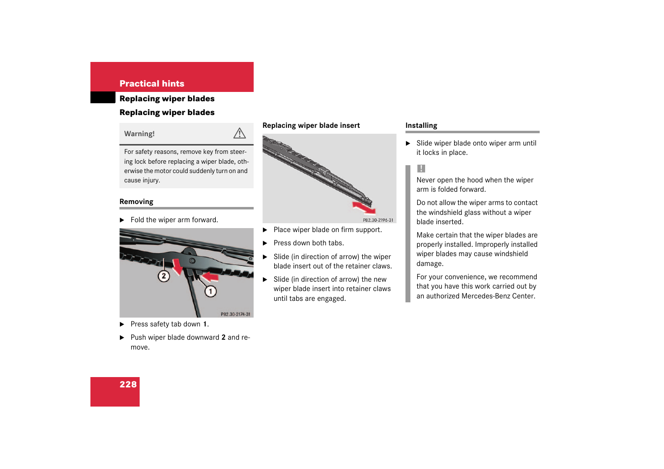 Wiper blades:removing;removing:wiper blades, Wiper blades:installing;installing:wiper blades, Replacing wiper blades | Installing | Mercedes-Benz 2003 SLK-Class User Manual | Page 228 / 304