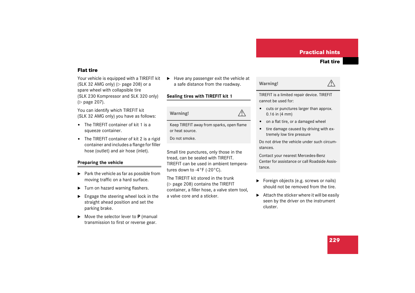Flat tire, Flat tire:preparing the vehicle, Preparing the vehicle | Mercedes-Benz 2003 SLK-Class User Manual | Page 229 / 304