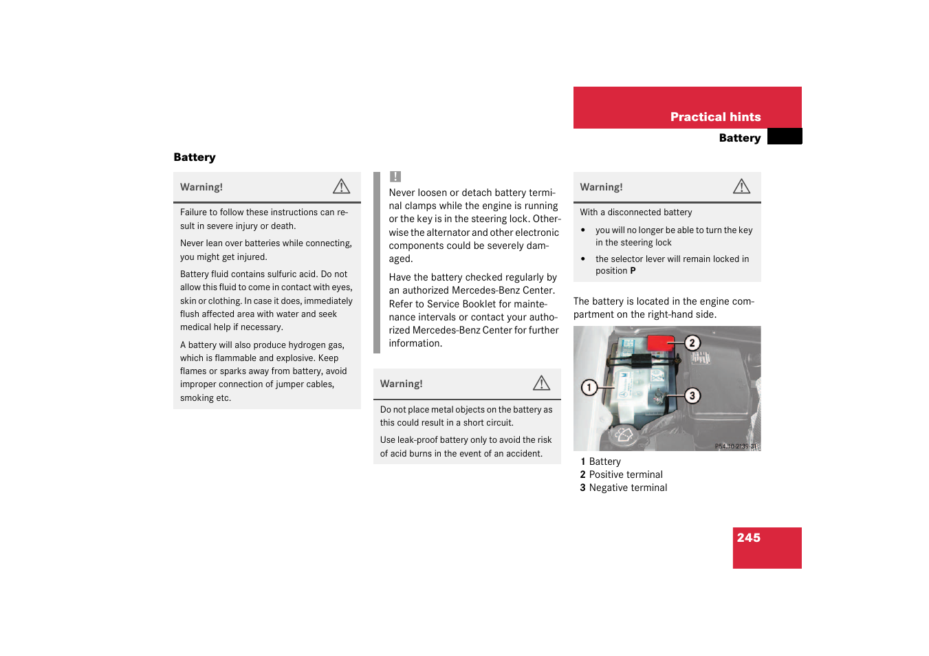 Battery, vehicle;vehicle:battery;vehicle battery, Battery | Mercedes-Benz 2003 SLK-Class User Manual | Page 245 / 304