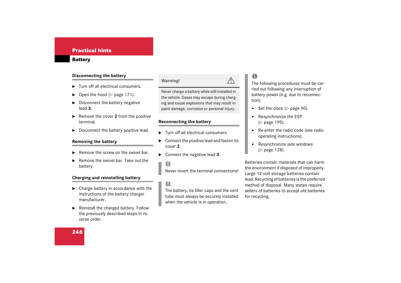 Battery, vehicle:removing;removing:vehicle battery | Mercedes-Benz 2003 SLK-Class User Manual | Page 246 / 304