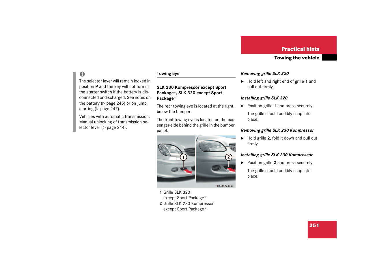 Towing eye | Mercedes-Benz 2003 SLK-Class User Manual | Page 251 / 304