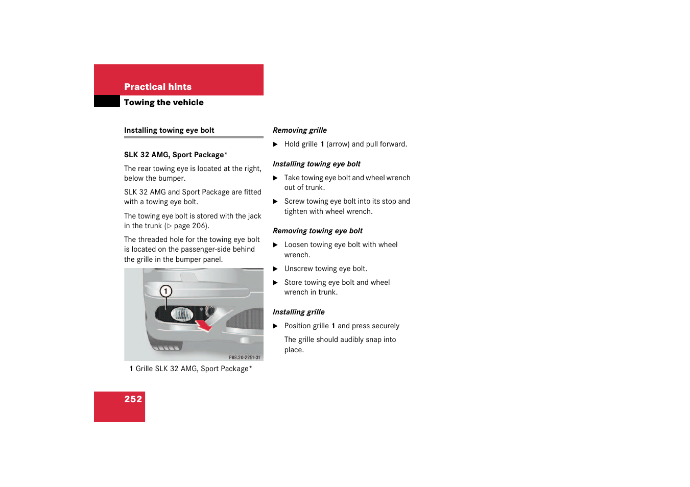 Installing towing eye bolt | Mercedes-Benz 2003 SLK-Class User Manual | Page 252 / 304