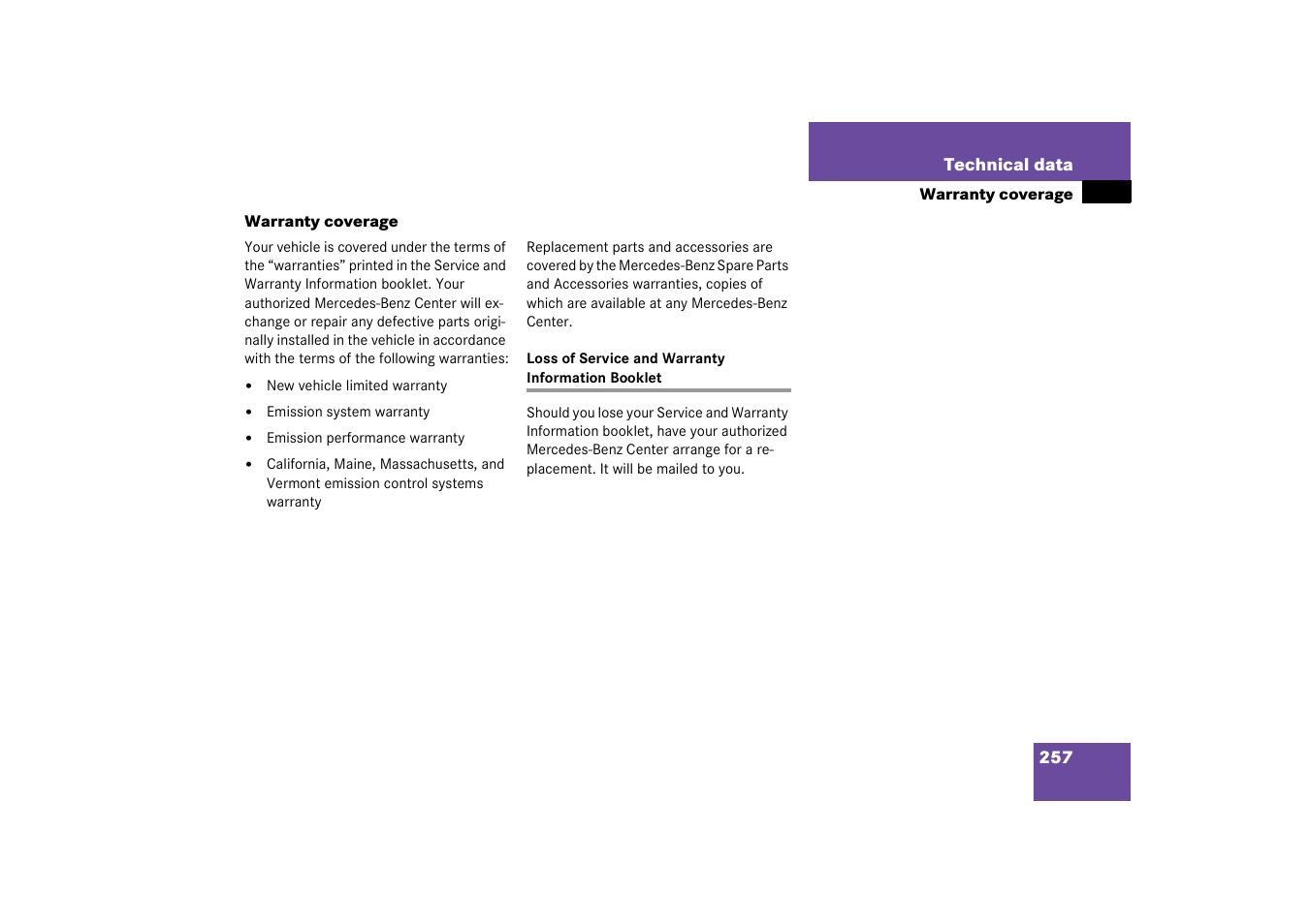 Warranty coverage, Loss of service and warranty information booklet | Mercedes-Benz 2003 SLK-Class User Manual | Page 257 / 304
