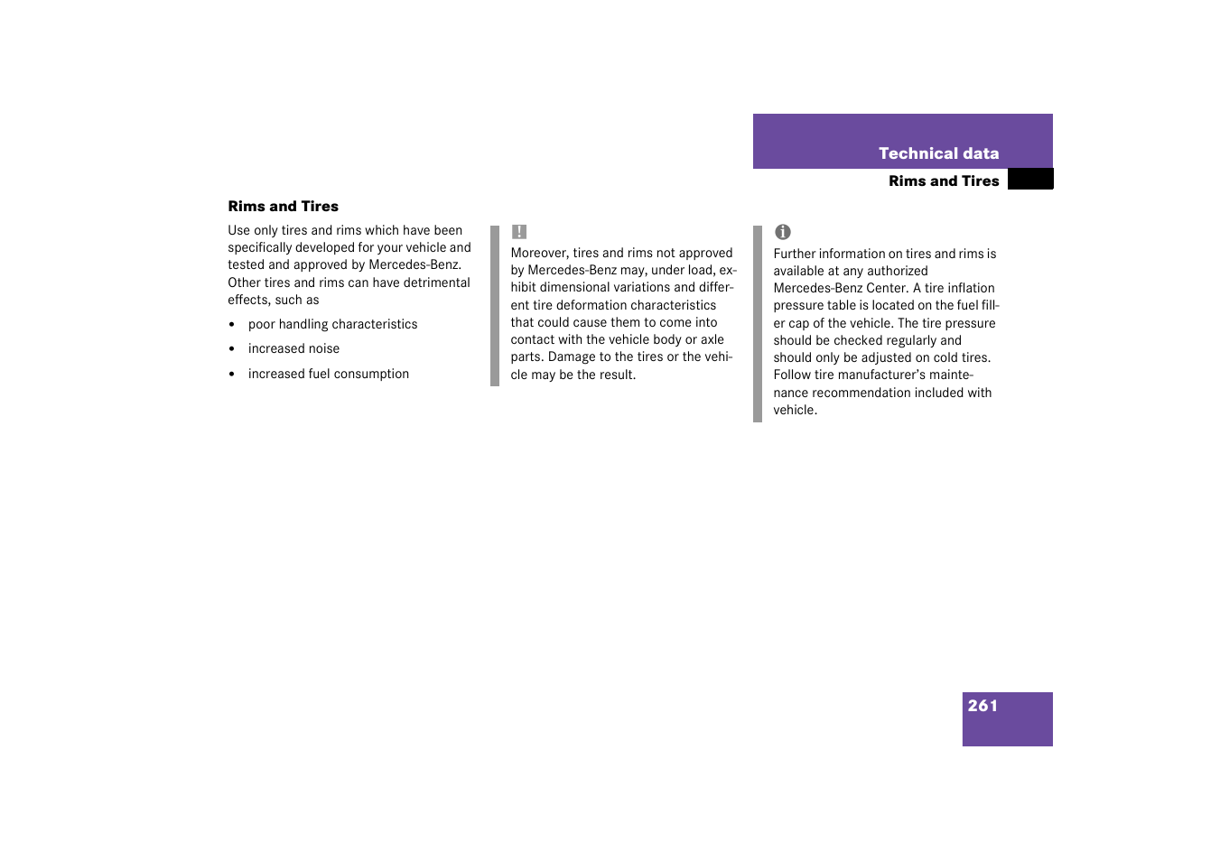 Rims and tires | Mercedes-Benz 2003 SLK-Class User Manual | Page 261 / 304