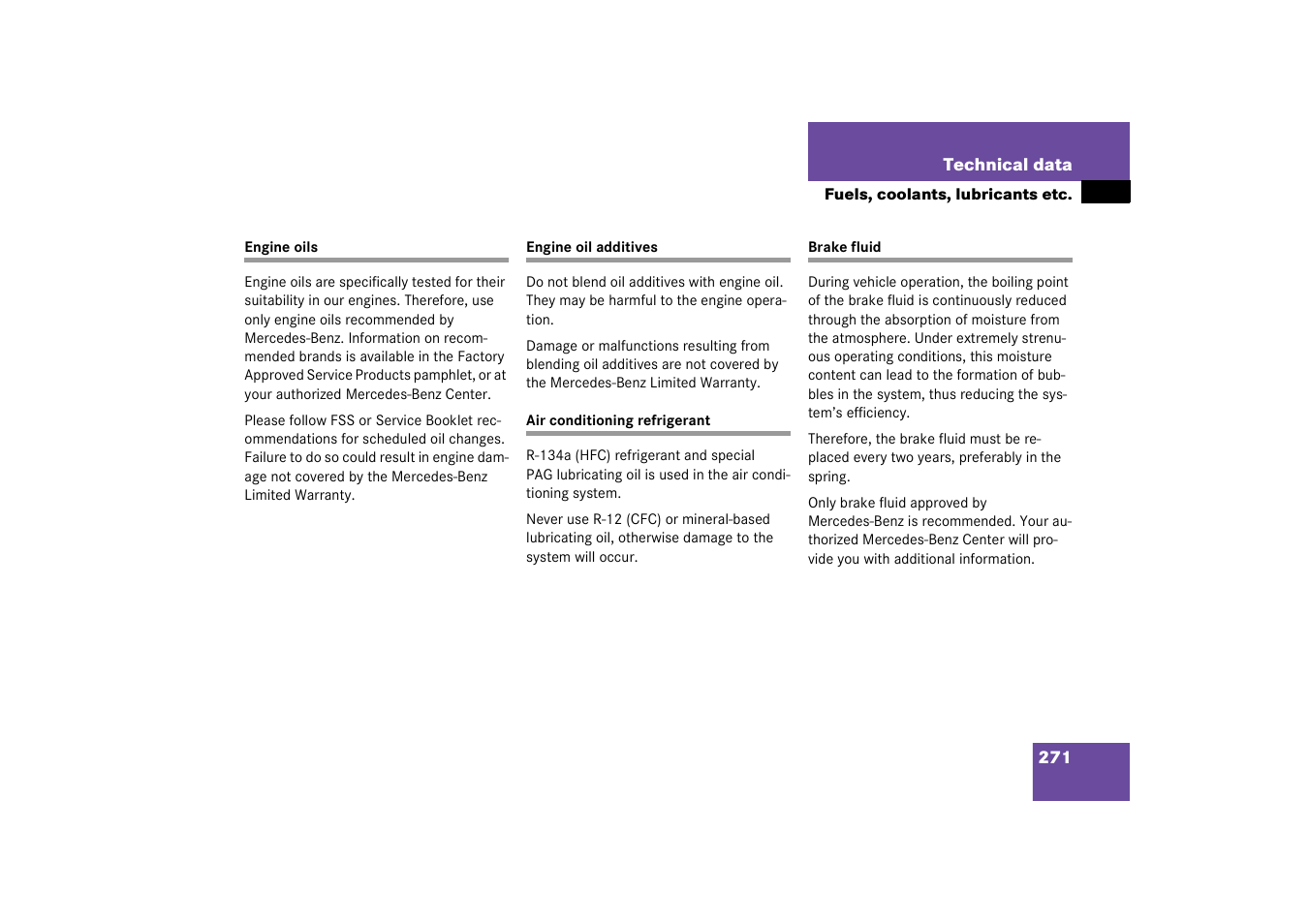 Engine oil;technical data:engine oil, Brake fluid;technical data:brake fluid | Mercedes-Benz 2003 SLK-Class User Manual | Page 271 / 304