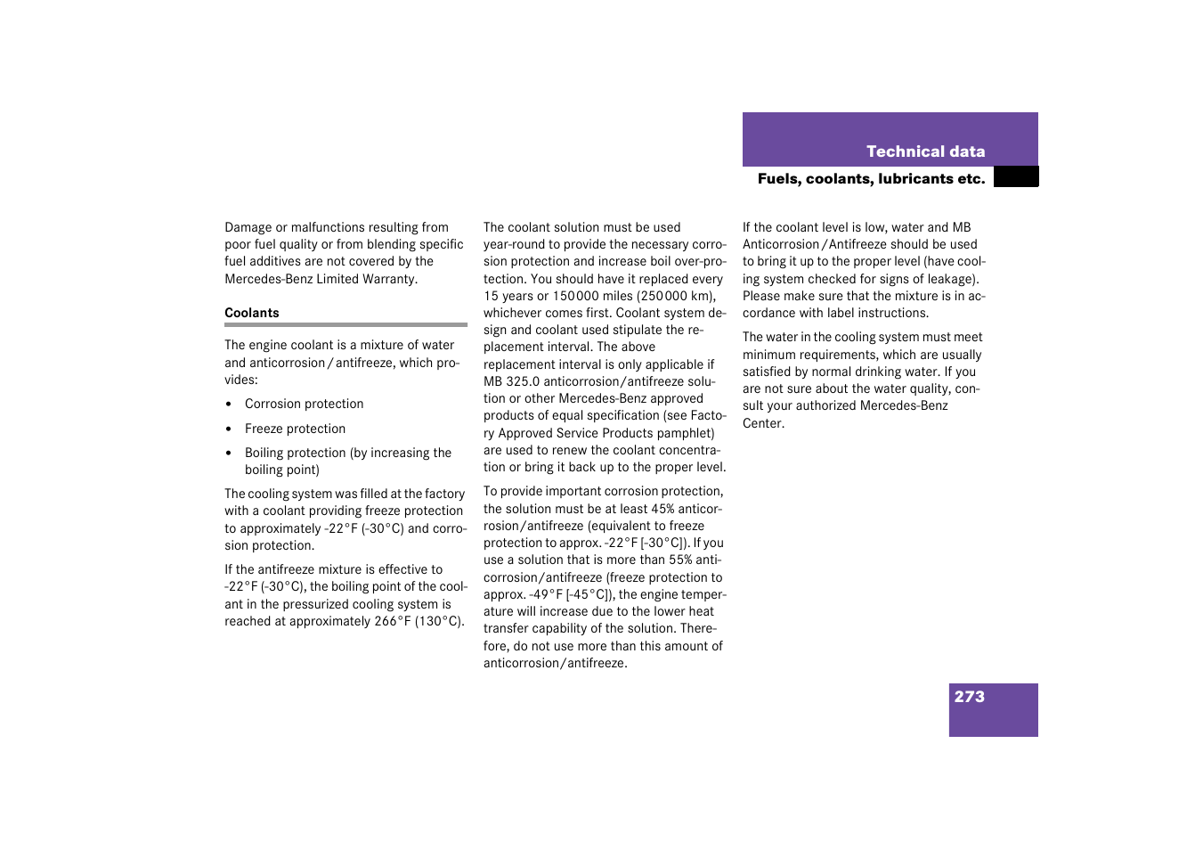 Coolant;technical data:coolants, Coolants | Mercedes-Benz 2003 SLK-Class User Manual | Page 273 / 304