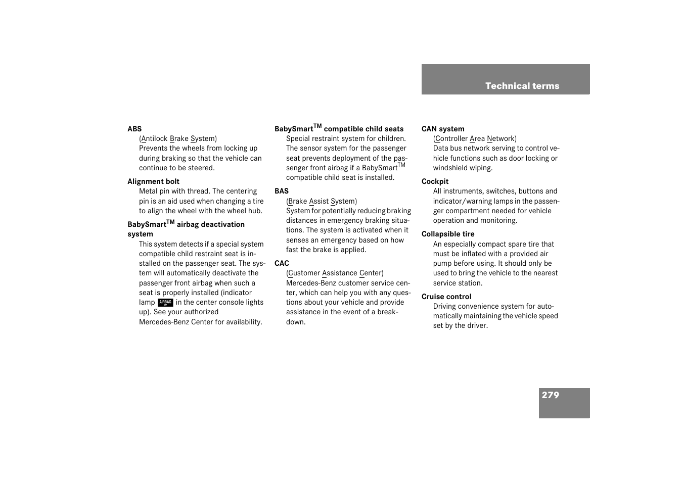 Technical terms | Mercedes-Benz 2003 SLK-Class User Manual | Page 279 / 304