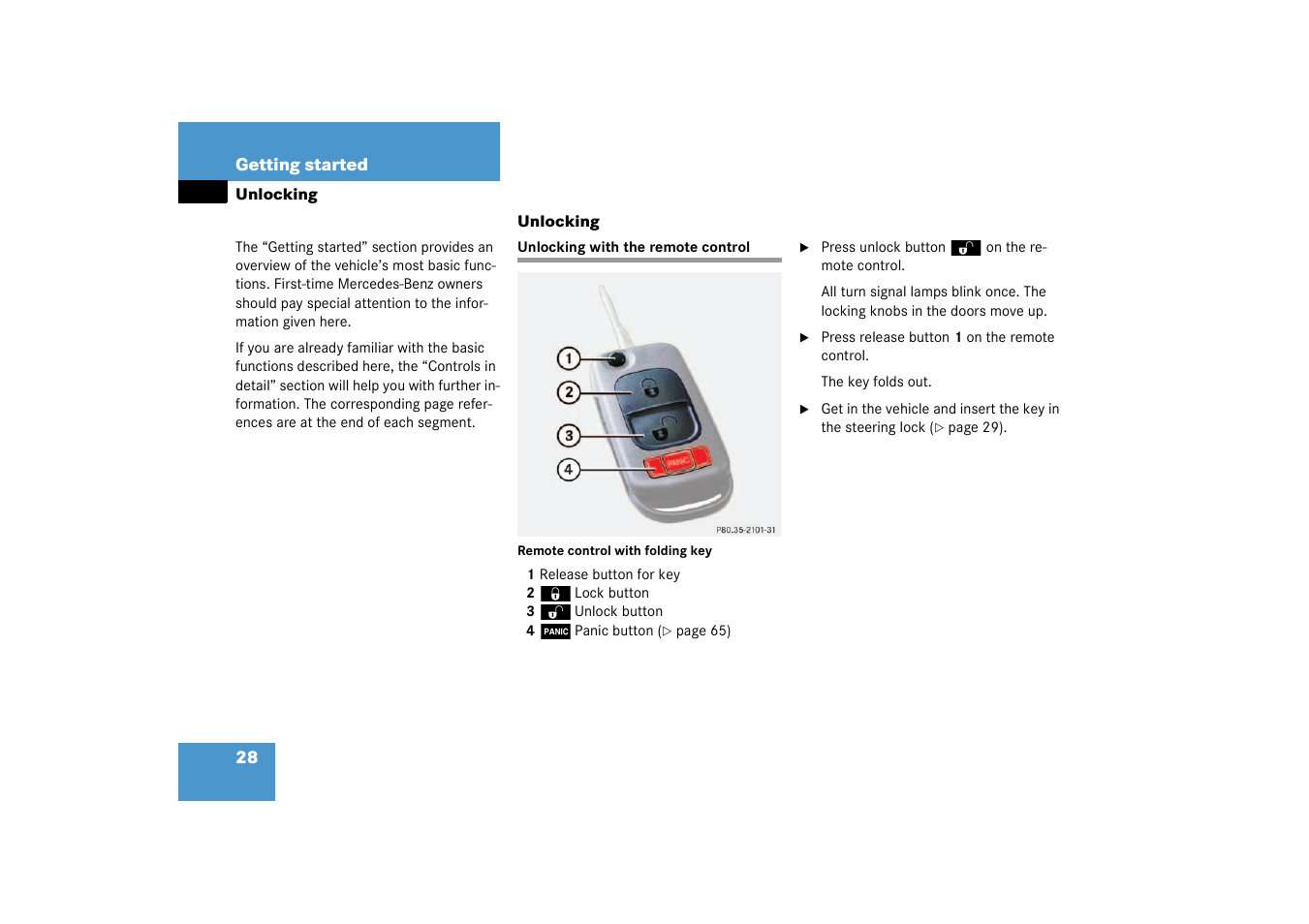 Unlocking, Unlocking with the remote control | Mercedes-Benz 2003 SLK-Class User Manual | Page 28 / 304