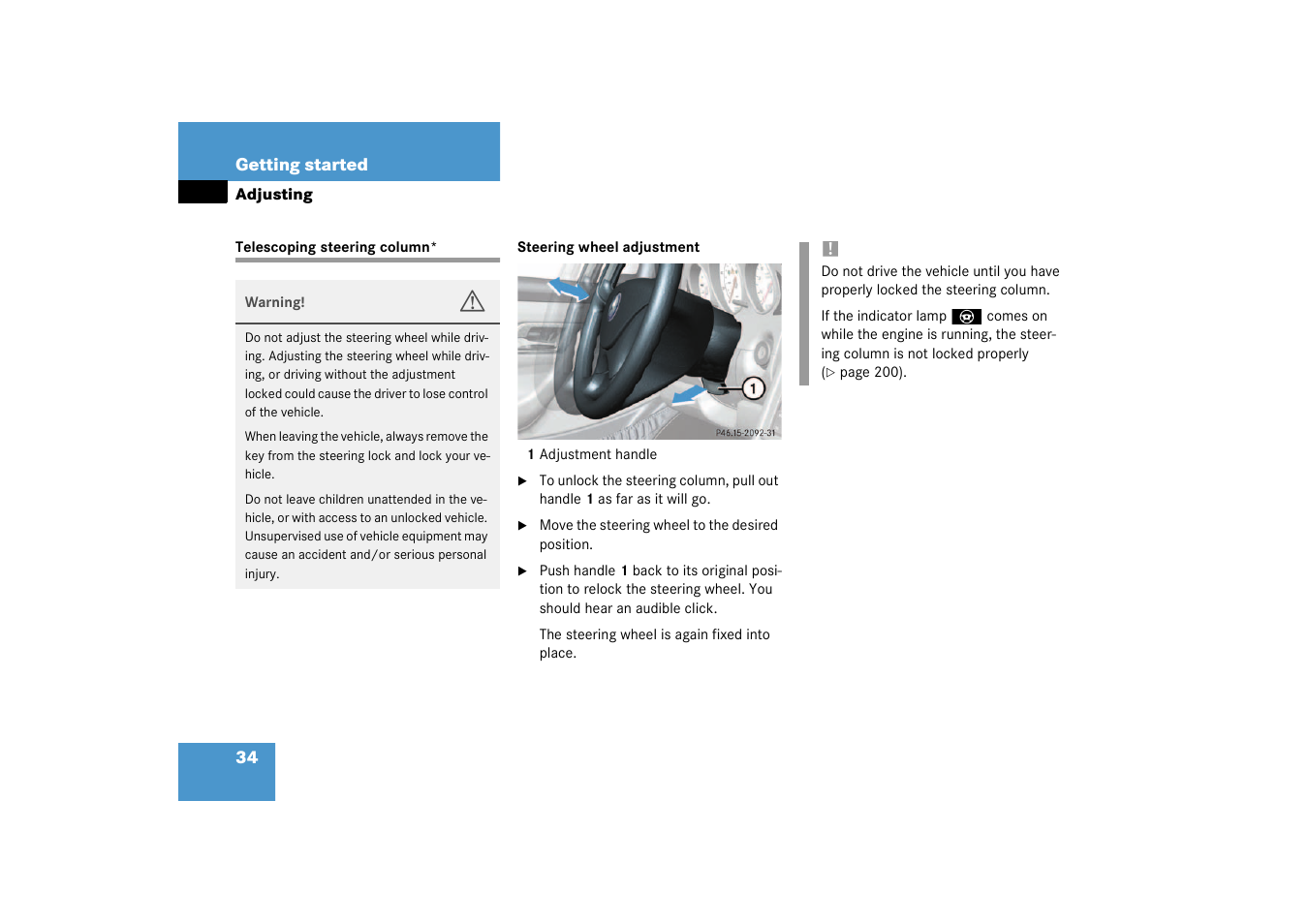 Telescoping steering column | Mercedes-Benz 2003 SLK-Class User Manual | Page 34 / 304