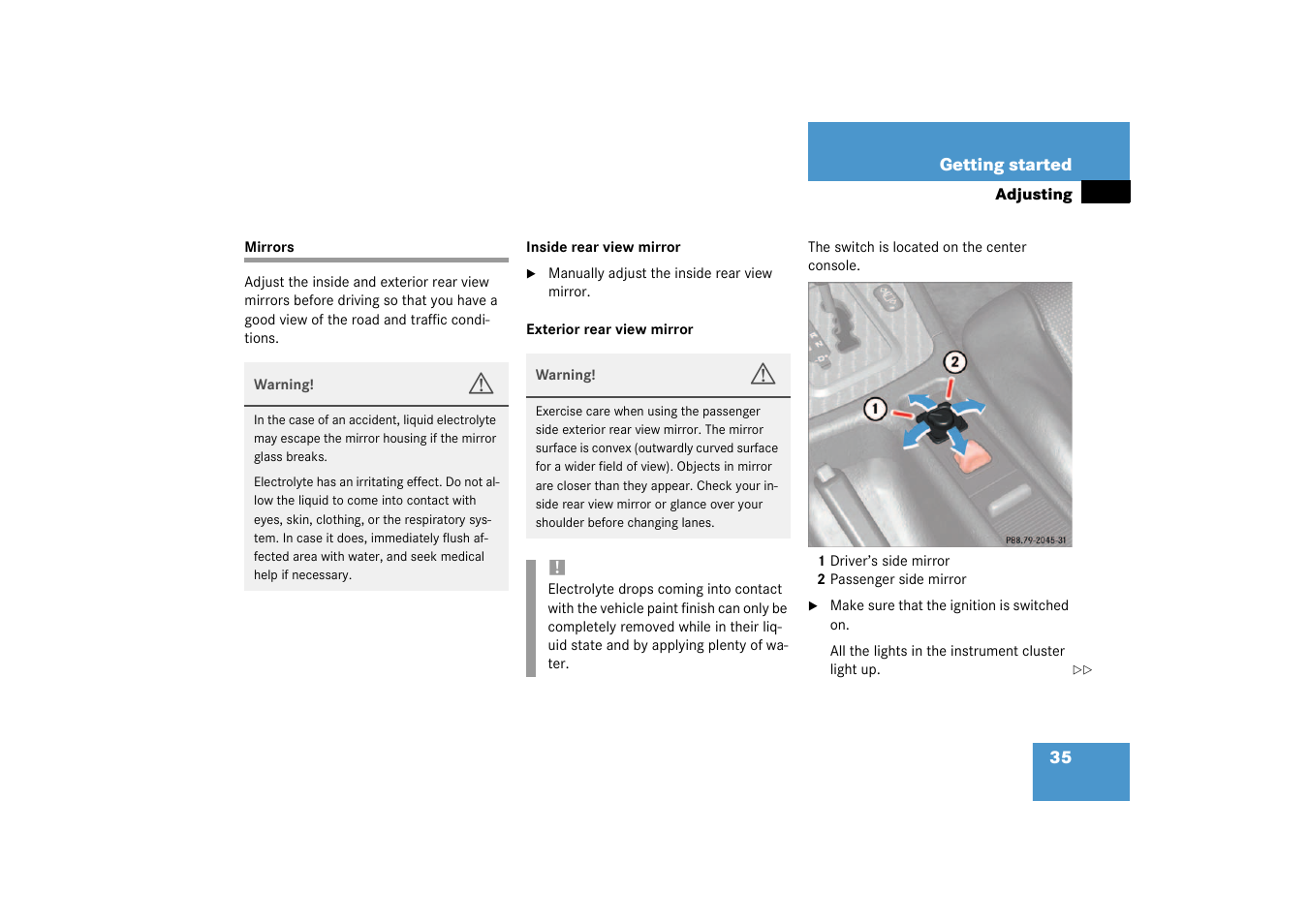Mirrors:adjusting;adjusting:mirrors, Mirrors | Mercedes-Benz 2003 SLK-Class User Manual | Page 35 / 304