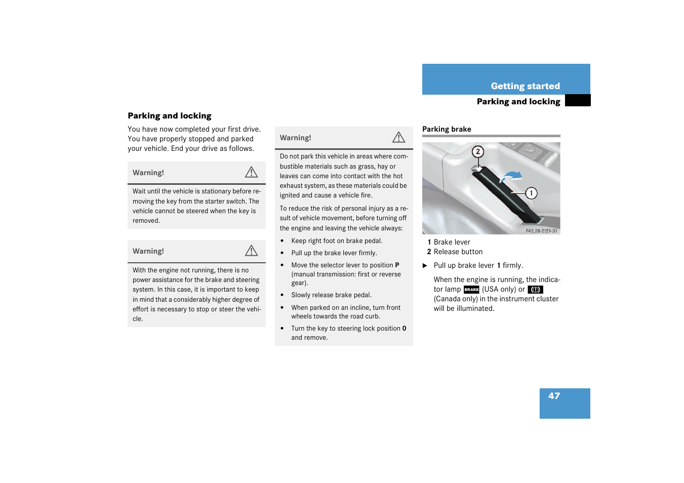 Parking;locking, Parking brake:engaging, Parking and locking | Parking brake | Mercedes-Benz 2003 SLK-Class User Manual | Page 47 / 304