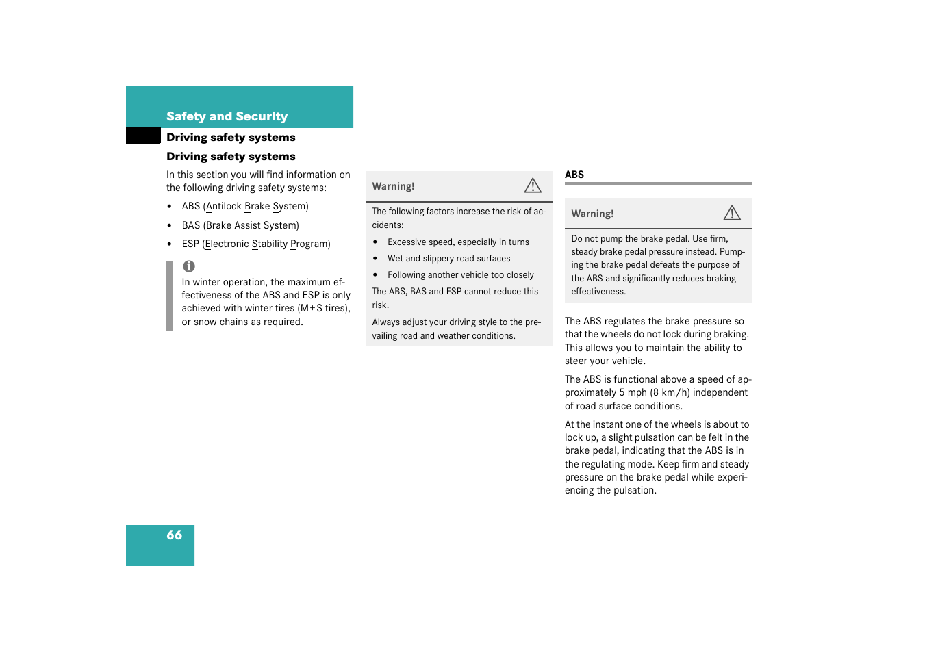Driving safety systems:abs;abs, Driving safety systems | Mercedes-Benz 2003 SLK-Class User Manual | Page 66 / 304
