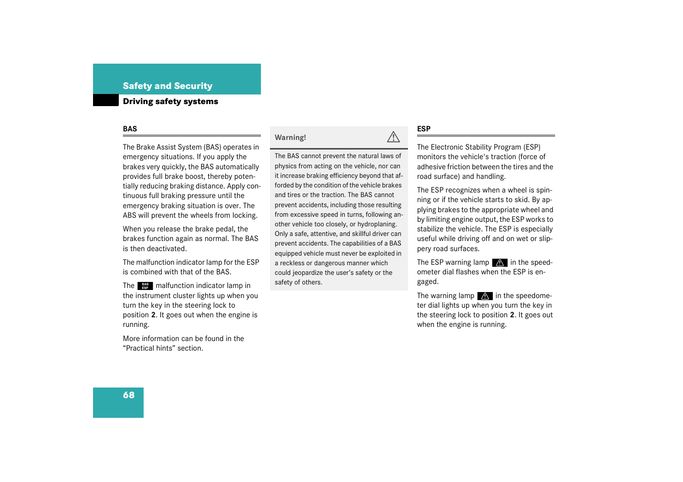 Driving safety systems:bas;bas, Bas esp | Mercedes-Benz 2003 SLK-Class User Manual | Page 68 / 304